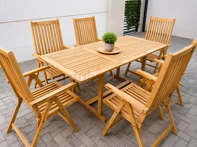 Solid Teak Outdoor Dining Table with 8 Folding Chairs