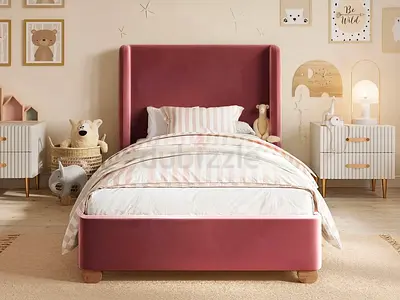 Tall wingback headboard dark pink velvet single bed