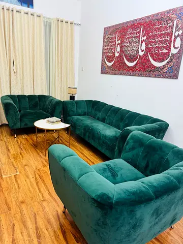 Emerald Green Velvet L-Shaped Corner Sofa Set - Excellent Condition with coffee table(solid wood)