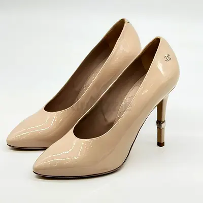 Nude Patent Leather High Heel Pumps - Size Not Specified