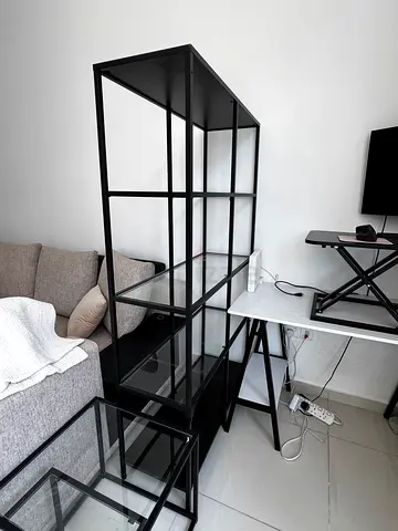 Black Metal and Glass Display/Bookshelf — Modern Industrial Style