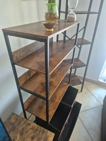Industrial-style wooden shelving unit with metal frame — 4 tiers