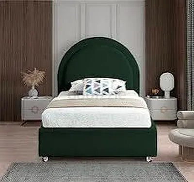 Dark Green Upholstered Single Bed with Headboard