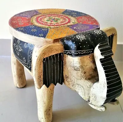 Hand-painted Indian Elephant Stool / Side Table - Solid Wood, Colorful Design