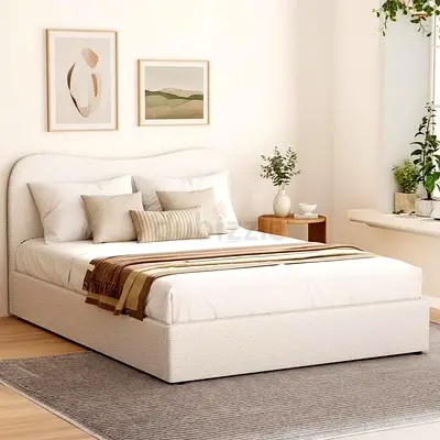 Upholstered double bed frame with padded headboard - beige/cream