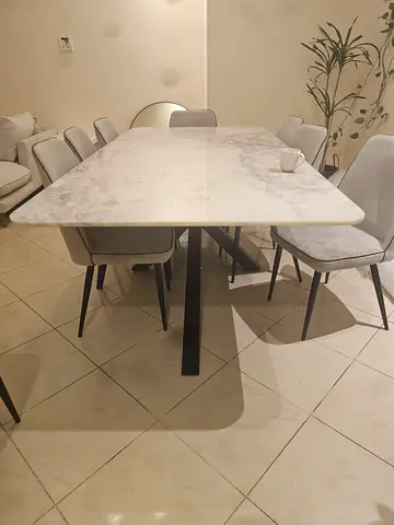 Marble-top Dining Table with 8 Upholstered Chairs - Light Grey