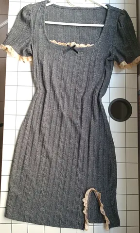 Dark grey small slim fit lace trim dress with a slit