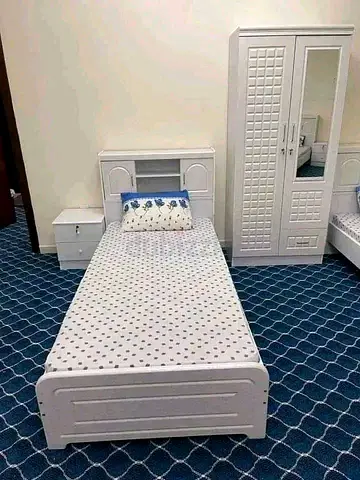 Single white wooden bed with mattress, bedside drawer and wardrobe - set of 1