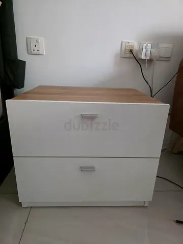 Bedside Table / Nightstand - White Beige, 2 Drawers