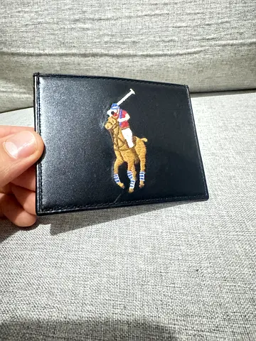 Black Leather Bifold Wallet with Polo Player Embroidery