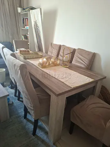 Negotiable price - Wooden Dining Table with 8 Upholstered Chairs - Light Grey Finish