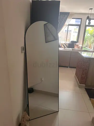 Full-Length Floor Mirror with Black Frame and Arched Top