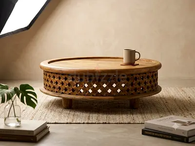 Williams Sonoma mango Wood Coffee Table with Carved Lattice Sides