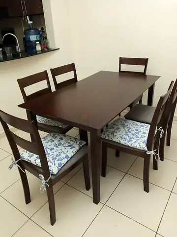 6-Seater Wooden Dining Table with 6 Chairs + Cushions
