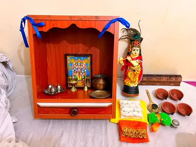 Wooden Home Temple/Altar with Brass Pooja Items and Krishna Idol