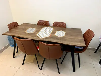 Wooden dining table with 6 leather seats
