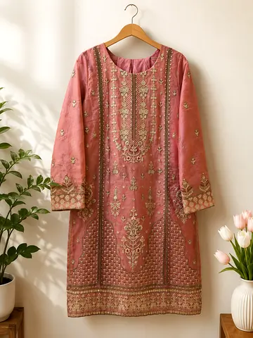 Embroidered Pink Traditional Long Kurta / Tunic - Size Medium