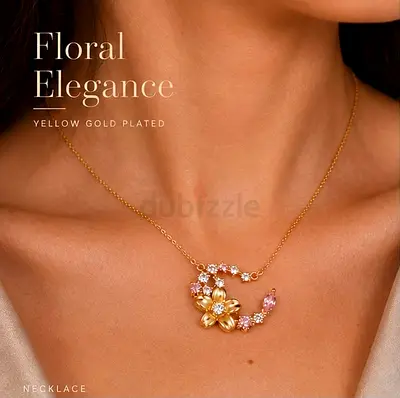 Delicate Yellow Gold-Plated Floral Necklace with Crystal Accents