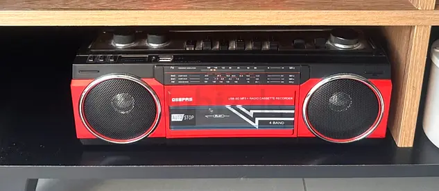Vintage portable cassette boombox with radio and twin speakers