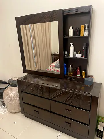 Modern Dark Wood Bed with Mattress  Dressing Table with Mirror and Storage