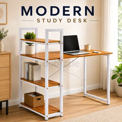 Modern Wooden Study Desk with Side Shelves – Maple White Home Office Desk For UAE