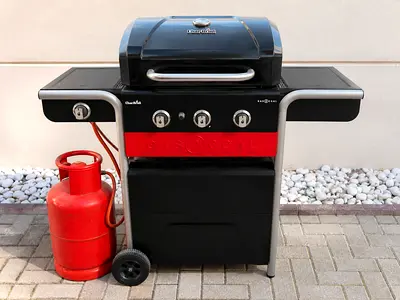 Gas BBQ Grill with Side Shelves and Propane Cylinder - Good Condition