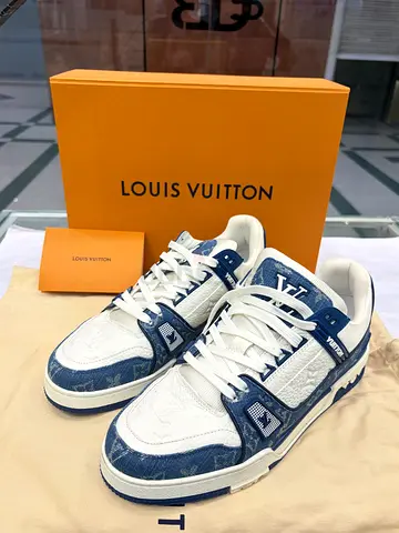 Louis Vuitton Trainer Sneakers - White Navy Monogram, Size Available