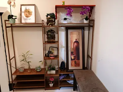 Wooden display shelving unit with multiple tiers — good used condition (TAKE ALL ONLY)