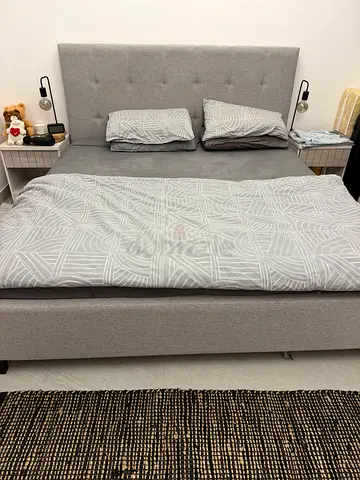 Grey Fabric Double Bed Frame with Headboard - Good Condition