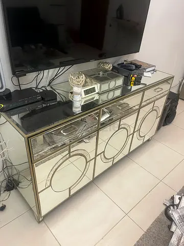 Glass and Mirror TV Console Cabinet with Gold Trim - Good Condition