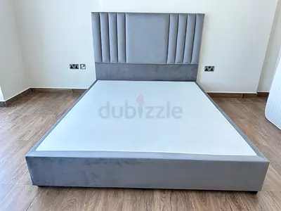 Queen Bed Frame - Grey Velvet - Excellent Condition