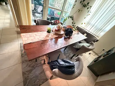 Solid Wood Dining Table with 6 Upholstered Chairs - Rustic Finish
