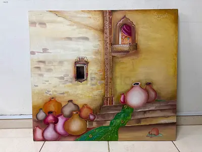 Original Middle Eastern Style Oil Painting of Courtyard with Pottery