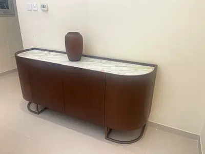 Curved Wooden Sideboard with Marble Top – Modern Console Cabinet