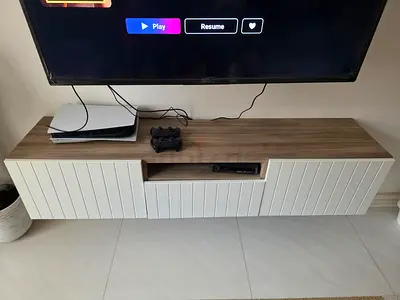 Floating Wall-Mounted TV Unit - White  Beige (Modern Slatted Design)