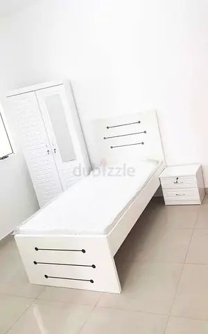 Modern White Single Bed Set with Wardrobe and Nightstand
