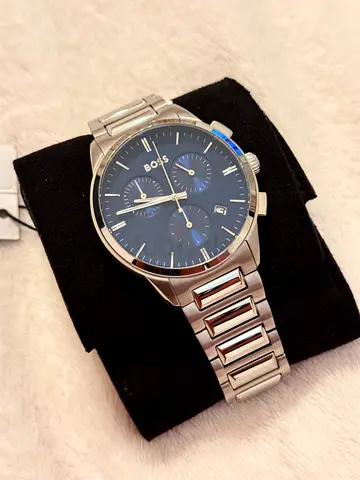 Mens stainless steel wristwatch with blue dial - good condition
