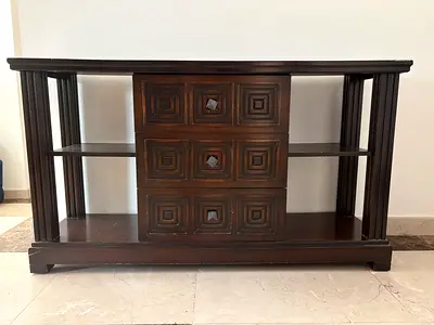 Solid Dark Wood Console Table with Carved Central Drawers