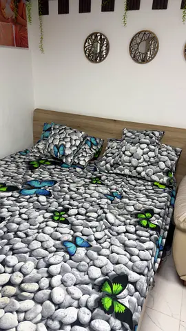 Double bed with wooden headboard and bedding set (ready to use)