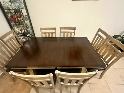 Extendable Solid Wood Dining Table with 8 Chairs - Distressed Finish