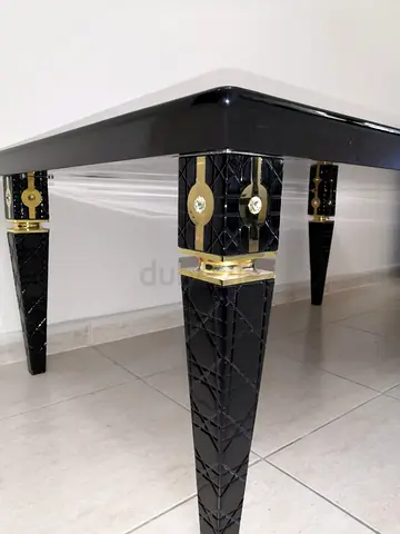Black Low Coffee Table with Gold Accents - Solid Wood Finish