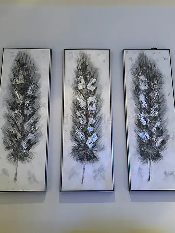 Set of 3 Framed Abstract Feather Wall Art Panels - Black  Silver