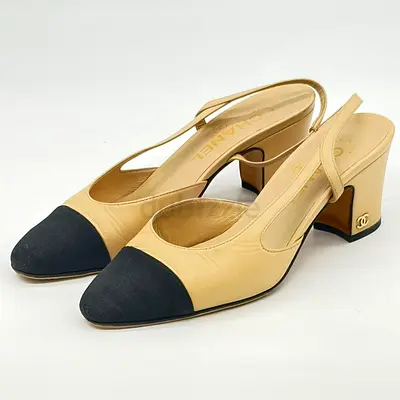 Beige block heel slingback sandals - size available