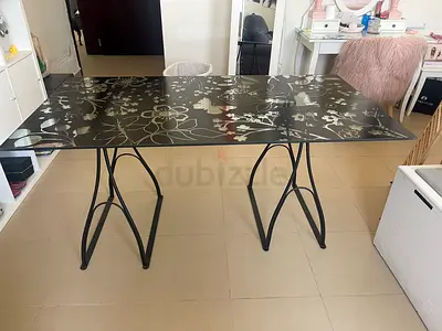 Black Floral Glass Top Dining/Work Table with Metal Legs