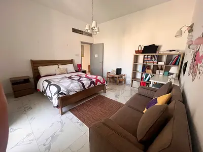 Queen wooden bed with mattress and bedside tables, sofa bed, book case, desk/chair