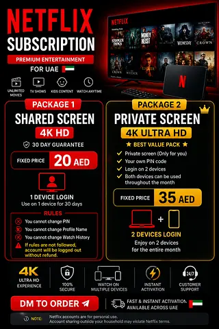 Netflix subscription account - UAE, Shared 4K Plan or Private 4K (DM to order)
