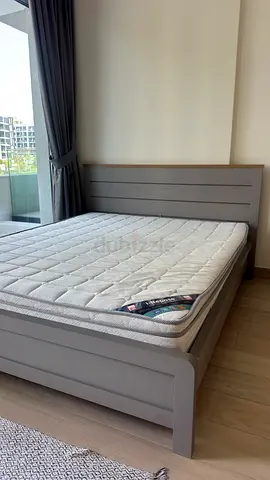 Queen bed frame with mattress - good condition, grey wooden frame