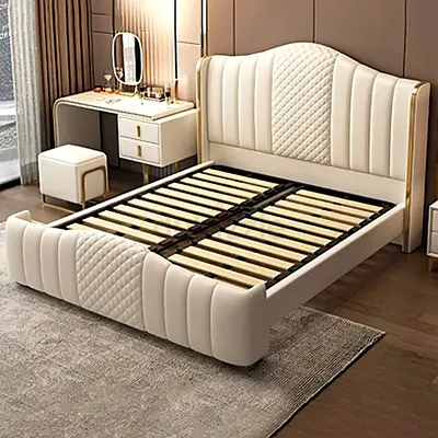 Luxury Fabric Bed Frame With Mattress. Stylish Modern Design Headboard