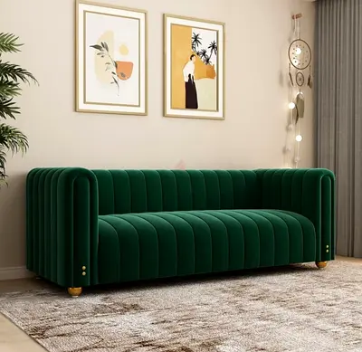 Brand new Green Velvet 3-Seater Channel Tufted Sofa - Modern Chic