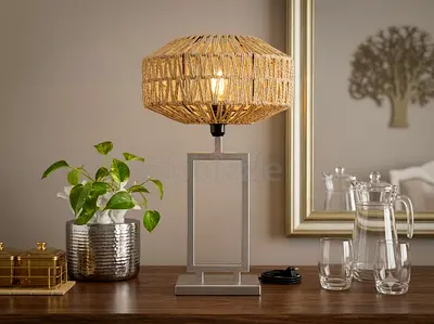 Modern Table Lamp with Woven Rattan Shade — Good Condition